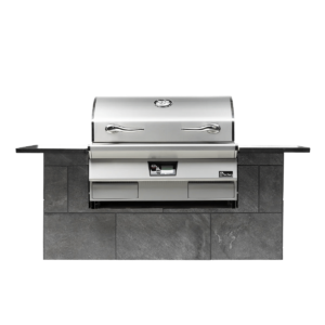 Front view of the Recteq E-Series Built-In 1300 grill, showcasing its sleek, heavy-duty design made from high-quality 304 stainless steel. This built-in model integrates advanced features like Smart Grill Technology and dual-band Wi-Fi connectivity, compatible with the top-rated grilling app. It operates between 180°F and 700°F, powered by a 110 Volt AC GFCI outlet and fueled by 100% natural hardwood pellets for clean burning and minimal ash. Ideal for enhancing outdoor kitchens with superior wood-fired flavor and luxury cooking technology.